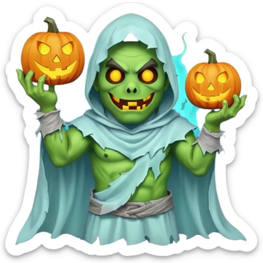 male orc warrior ghost emoji, green skin, wearing torn white ghost sheet costume, holding glowing jack-o'-lantern, faint blue aura, friendly but spooky expression, Halloween fantasy theme, Apple emoji style, clean white background, square sticker
