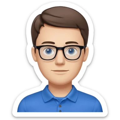 Scott The WozYoung white man, late 20s, short brown hair, blue eyes, clean-shaven, thin black rectangular glasses, slim build, wearing a blue polo shirt, friendly and energetic look. sticker