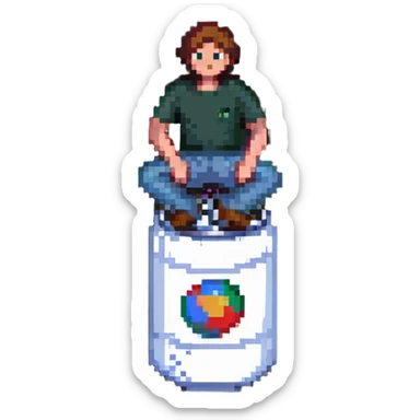 man sitting on a can, can bursting sticker