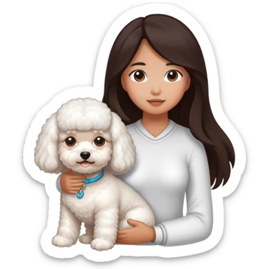 An Asian girl with tanned skin and long hair and a bichon sticker