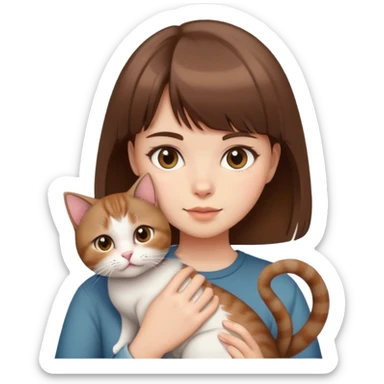 A girl with brown hair and bangs holding a shorthair cat sticker