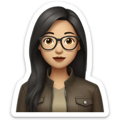 asian girl with glasses and a leather jacket with a  khaki shirt and long dark hair sticker
