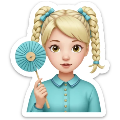 A pigtail girl in modern outfit using a pastel fan with playful expression. sticker