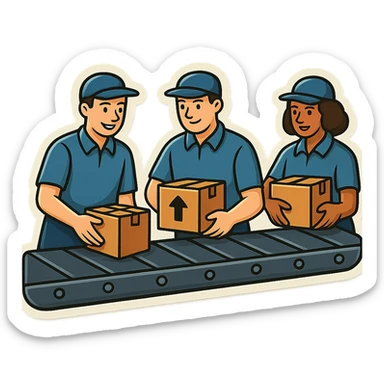 Картинка конвейерной ленты, по ней едут коробки, люди сортируют коробки в разные стороны sticker