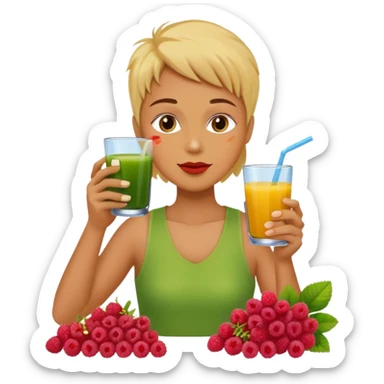 juice, colors yellow,orange,forest fruits, person, green juice sticker