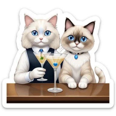 Ragdoll cat drinking martini at the bar with a black and white cat friend sticker