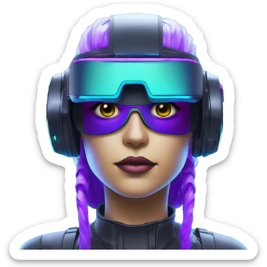 Secret humanoid agent in a futuristic hat with in Apple VR goggles headset code display on the goggles , cyberpunk, cyan and purple colors, only upper body portrait, front facing the camera  sticker