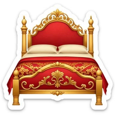 bed with red and gold sheets, wooden sticker