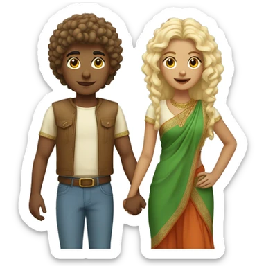 Indian boy with perm holding hand with blonde girl with straight ha sticker