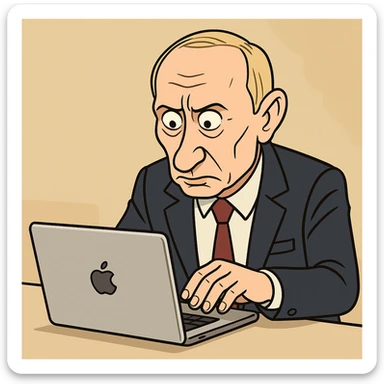 Vladimir Putin typing on a MacBook with exaggerated features sticker