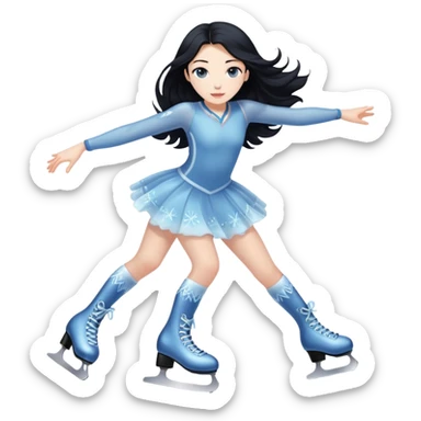 pale girl with long black hair ice skating, iOS emoji style sticker