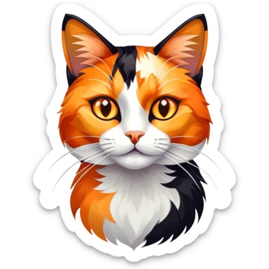 Cinematic Noble Calico Cat Portrait Emoji, Poised and regal, with a striking patchwork fur in vibrant orange, black, and white hues, delicate whiskers and a refined, focused gaze, simplified yet exquisitely detailed, glowing with a soft, moonlit radiance and an air of aristocratic elegance, high shine, exuding dignified intelligence and poised authority, soft glowing outline, capturing the essence of a watchful and noble calico cat that appears ready to grace the screen with effortless majesty! sticker