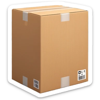 Ultra-realistic cardboard box inspired by the 📦 emoji in a warehouse environment, 4K, detailed corrugated texture, taped edges, industrial shelves in background, soft industrial lighting, realistic shadows, sharp focus, cinematic depth, professional photography. sticker