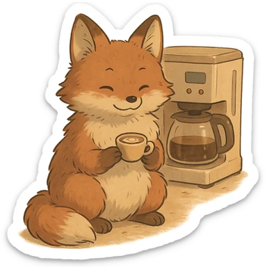 soft fluffy full-body fox holding a tiny latte cup, brown and beige tones, pastel coffee maker aesthetic, cozy coffee shop vibe, gentle warm atmosphere, Ghibli style sticker