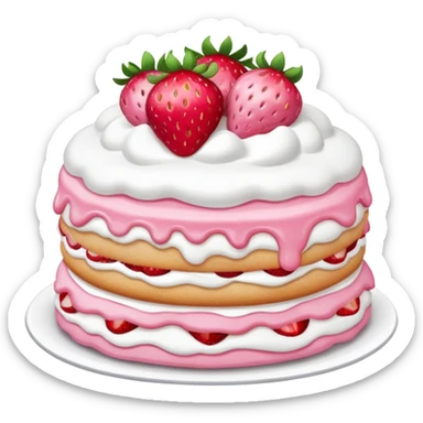 A pink strawberry shortcake that has 3 layers and is round with fluffy white icing  sticker