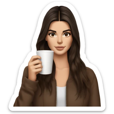 brunette Kendall Jenner with long and brown hair her eyes brown and sipping coffee  sticker