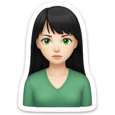 A white woman with Long straight hair with bangs, black hair, green eyes and a low-cut shirt sticker