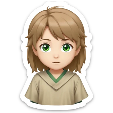 Young Rudeus Greyrat chibi, big green eyes, round face, messy light brown hair, wearing a tunic, cute and curious anime style sticker