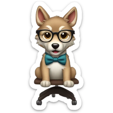 a wolf cub with glasses and a bow tie sits on a chair with a computer. sticker