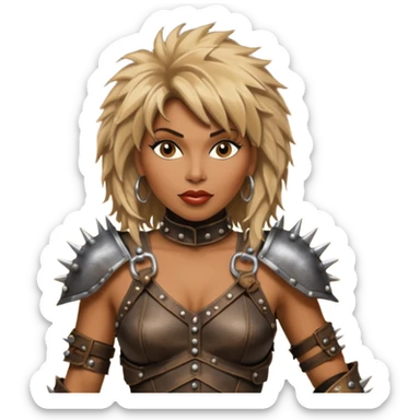 solarpunk ultra HD - portrait of Tina Turner in costume from the movie Mad Max Beyond Thunderdome, dramatic backlit by bronze spotlights sticker