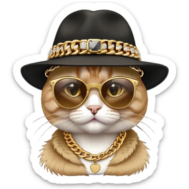 female cat head and shoulders wearing Run DMC hip-hop outfit, fedora, dark sunglasses, many gold chains, bling accessories sticker