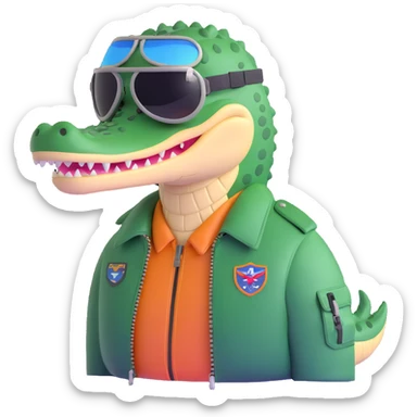 crocodile with bomber jacket and aviator helmet sticker