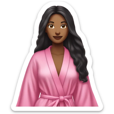 Mixed raced woman with long black hair wearing a silk pink Victoria’s Secret robe sticker