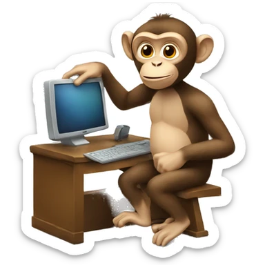 A monkey at a computer with a lot of money around him sticker