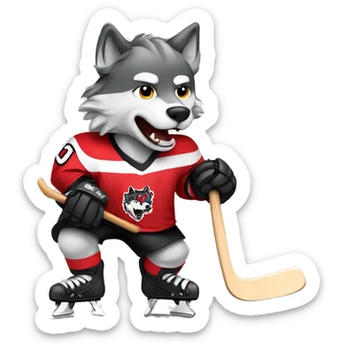 A wolf in a red black and white hockey uniform with a wolf emblem is playing hockey sticker