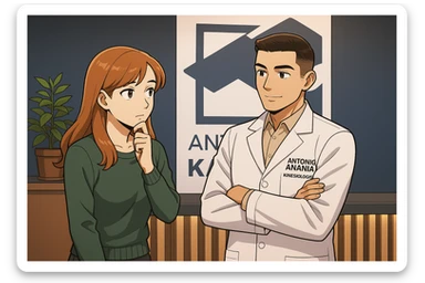 su questo stile fai un manga/webtoon a colori in cui una donna SI TOCCA IL MENTO CON L'INDICE MENTRE ASCOLTA PENSIEROSA L'UOMO, l'uomo della foto in stile manga LE SPIEGA CHE DEVE PROVARE LA SUA VALUTAZIONE MEDICA, mantieni un ambiente simile alla foto che ho allegato con il suo logo (sarebbe il suo studio, lui è un kinesiologo), scrivigli "ANTONIO ANANIA" sul camice bianco, non mettere fumetti, ma fai in modo che sembri che la donna ASCOLTI l'uomo sticker