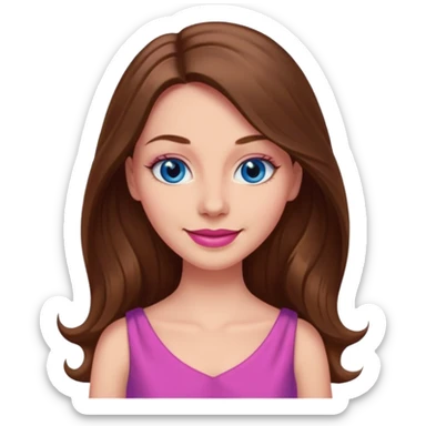 A woman has beige skin, long brown hair, blue eyes, plumb lips, she wears pink dress  sticker