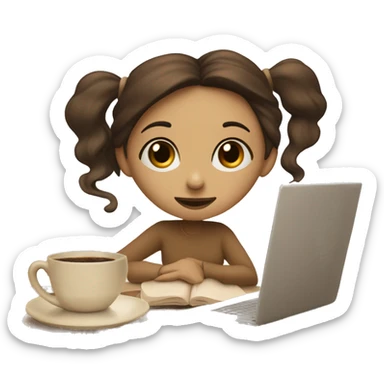 Half face of a girl at the laptop. A a cup of coffee on the left side of the table. Books on the right side of the table. in beige tones sticker