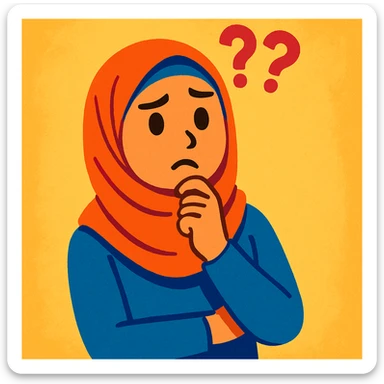 young woman in hijab, looking uncertain, with '??' above her, colorful and friendly sticker