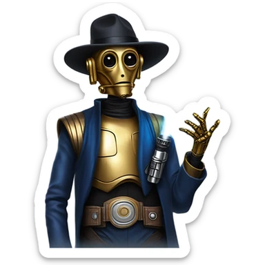bounty hunter tarnished undercover tough well-equipped Jedi  life-sized darkblue-pearl C3po leather vest clothing pants and vest old west duster coat holding light saber sheriff sticker