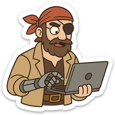 a pirate with a robotic arm, holding a laptop, wearing a bandana and eye patch, digital era pirate, cartoon style sticker