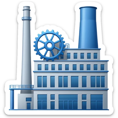 "A minimalist vector icon of a modern manufacturing factory building with a gear symbol above it. Blue and grey color scheme, flat design, white background, simple thick lines, professional business logo style." sticker