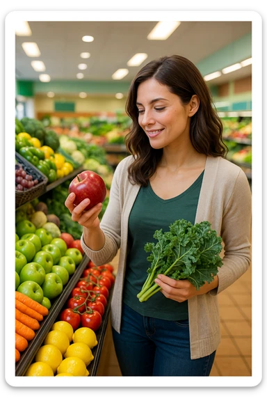 Donna che sta scegliendo quali alimenti di qualità mangiare sticker