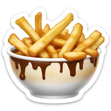 A bowl of fries with cheese curds covered in gravy sticker