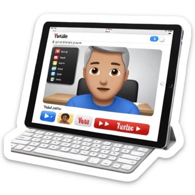 An iPad lying on a desk. On the iPad screen, a YouTube video is playing. The video shows a man talking to camera. The YouTube interface is visible with play bar and title. sticker