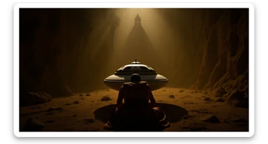cinematic still, documentary photography, acient egypt, back shot of a man dress in ancient clothes in cave on ground laying front of small ufo starship, palms, dynamic scane, leading lines, captured by arri alexa, depth layers, piramids in babckground sticker