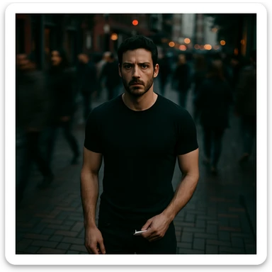 Cinematic overhead shot, no headphones, black shirt, athletic and fit subject from the reference image, standing still on a brick city sidewalk. Motion-blurred crowd, moody lighting, 35mm film look, shallow depth of field, sharp focus. Urban, cinematic. Render in a style suitable for cinematic photography with moody lighting and shallow depth of field. sticker