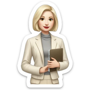 pale skin woman with ash blonde Straightened bob Hair, White Spacious classical jacket, beige palazzo Arrow pants and gray blouse holding a MacBook in the hands sticker