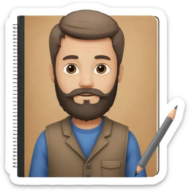 Bearded man  drawing boy character with charcoal in sketchbook sticker