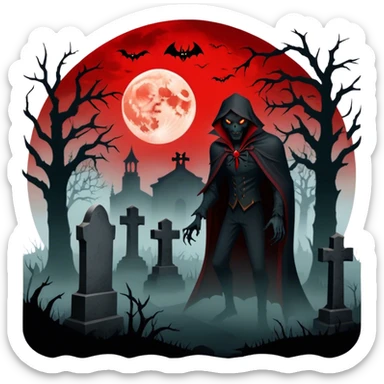 Icon for Horror Movies: A chilling collage with a monstrous werewolf or vampire, dark silhouettes, eerie graveyards, and creepy elements like spiders and tombstones. Ghostly fog surrounds, with a blood-red moon in the sky. The atmosphere is unsettling, eerie, and haunting. Transparent background. sticker