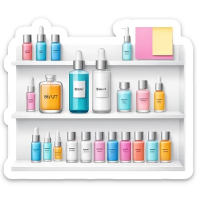 big long white shelf with one serum bottle labeled beauty brand and big sticky note next to it sticker