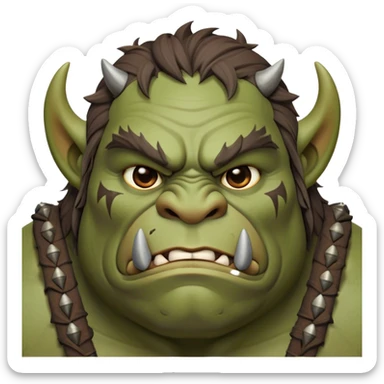 Cinematic Noble Ogre Portrait Emoji, Majestic and imposing, with a rugged, muscular form in deep earthy greens and browns, adorned with battle scars and subtle tribal markings, exuding calm, noble strength and unexpected wisdom, simplified yet strikingly detailed, glowing with a shadowy outline that captures the essence of a gentle giant with fierce heart! sticker