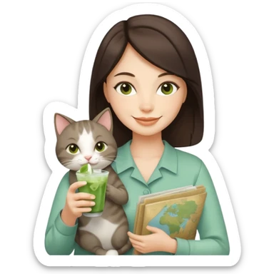 a brunette woman in here 30S drinking an iced matcha, carrying a grey cat and a map of the world sticker