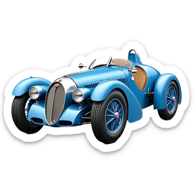  Fenderless 1936 luxury racing Bugatti lowered powerful 4 cylinder engined racing car featuring advanced rugged 4 wheel independent suspension, power steering, disc brakes and small leather covered steering wheel  sticker
