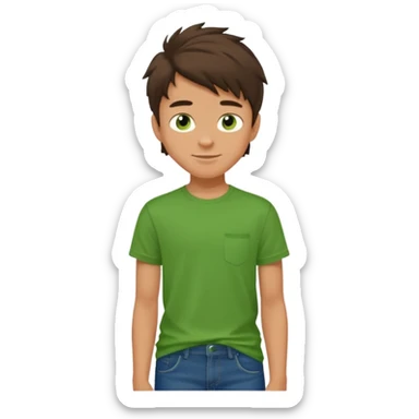 A 14 yerar old teenage boy, tanned, wearing a green t-shirt , blue jeans and green sneakers with dark brown tousled hair, smirking sticker