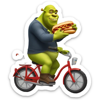 Shrek riding a bike holding a hotdog sticker